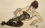 Egon Schiele Paintings - Reclining Woman with Green Stockings Adele Harms by Egon Schiele